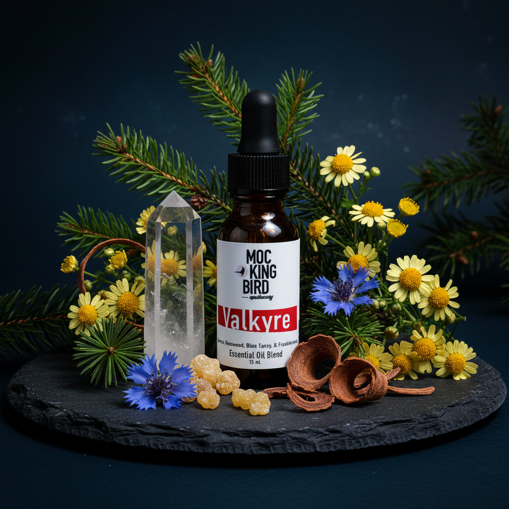 Valkyrie Essential Oil Blend – eclectic editorial on dark slate with blue tansy, frankincense resin, quartz crystal