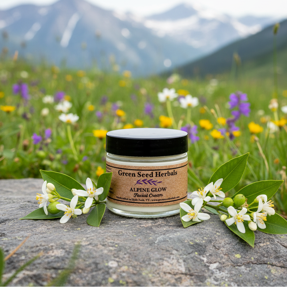 Alpine Glow Deep Moisture Face Cream upright on alpine rock with mountain meadow wildflowers and neroli blossoms