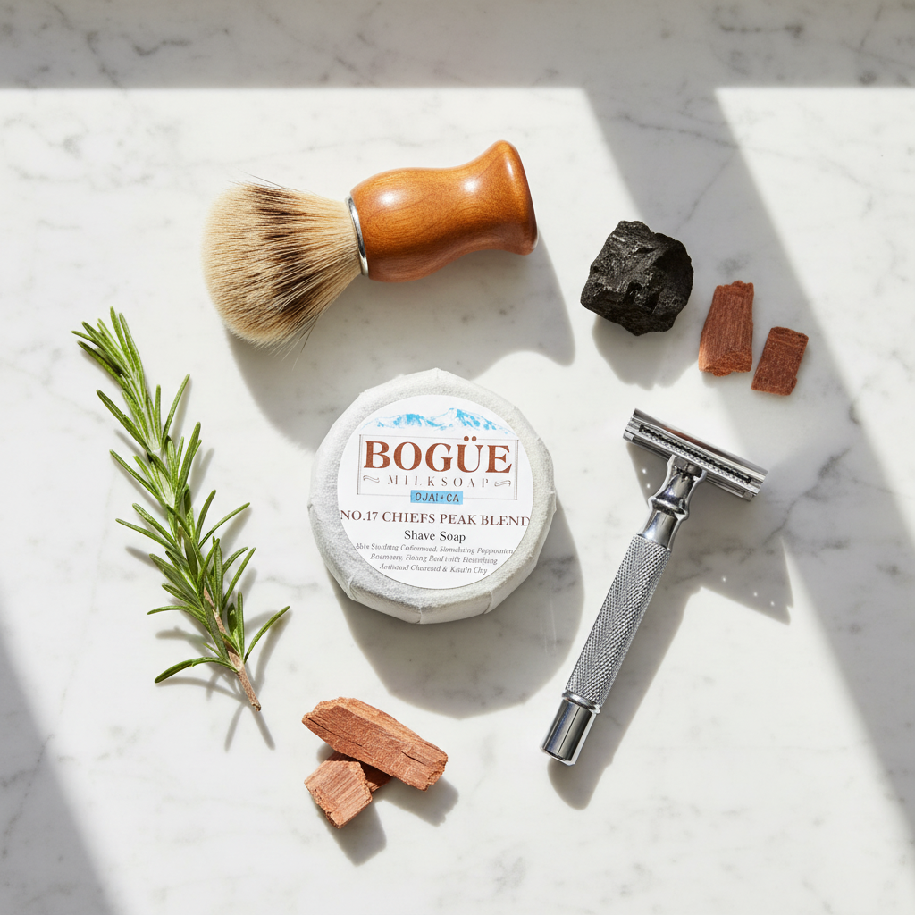 Bogüe Milk Soap No.17 Chiefs Peak Shave Soap – lifestyle flat lay with safety razor, shaving brush, rosemary and cedarwood