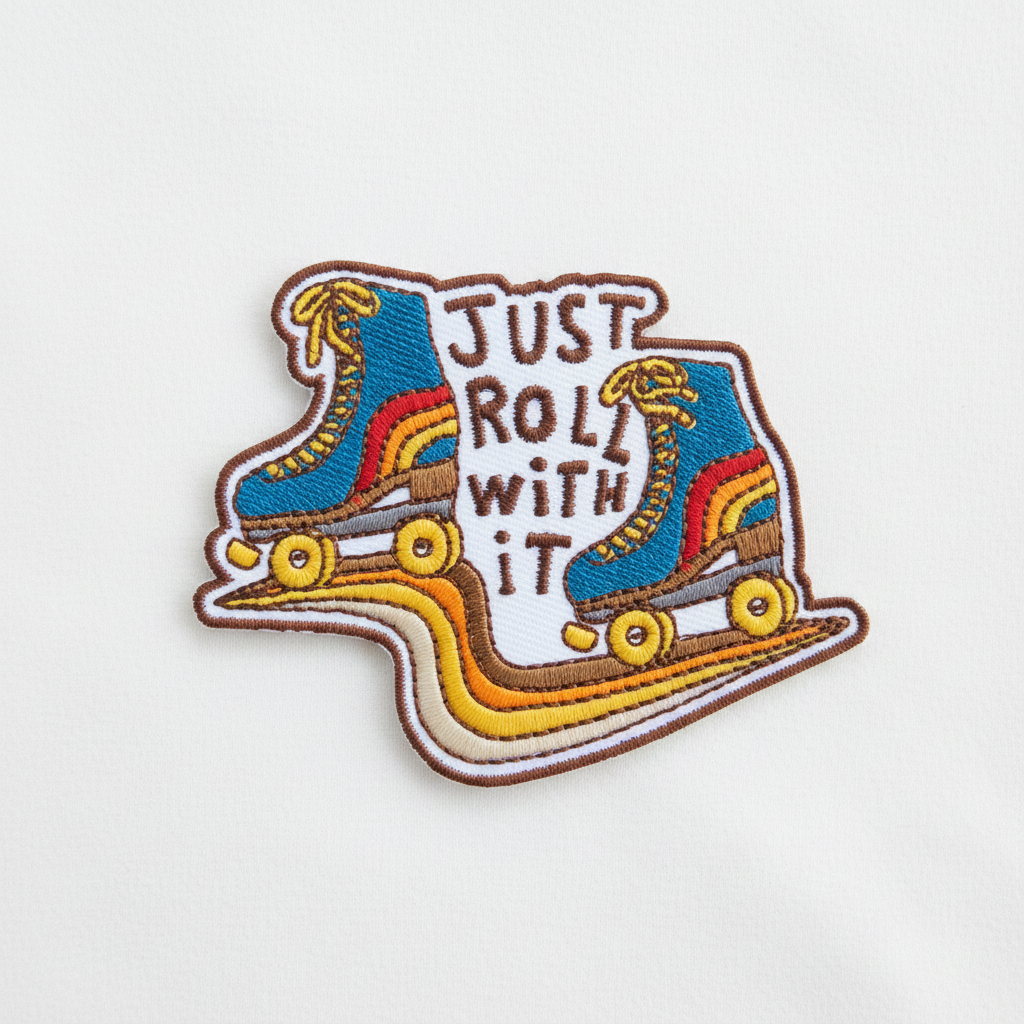 Retro roller skates embroidered patch on clean white surface