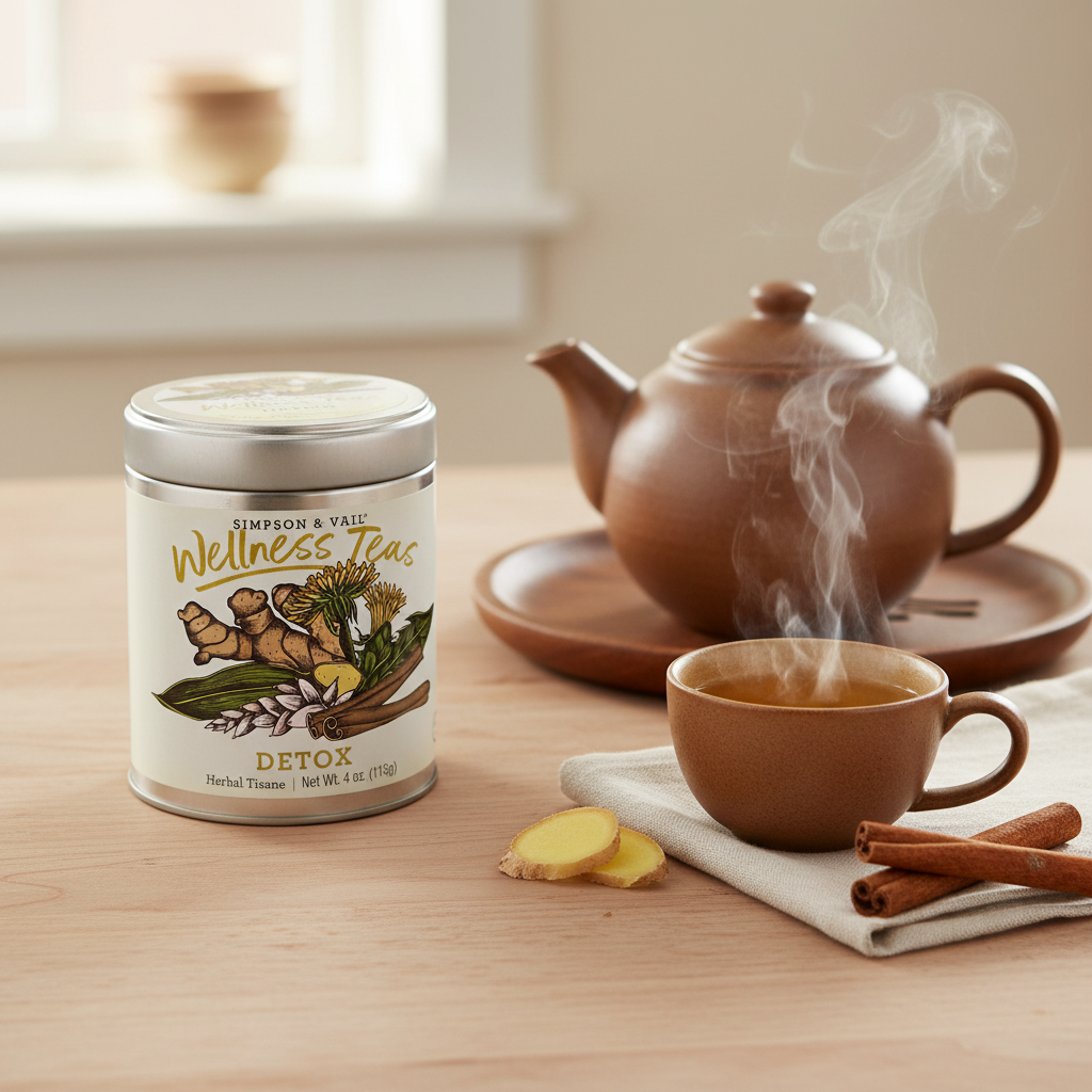 Detox Herbal Tisane tin with brown ceramic teapot and cup on wooden tray with ginger root and cinnamon stick