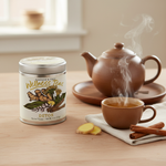 Detox Herbal Tisane tin with brown ceramic teapot and cup on wooden tray with ginger root and cinnamon stick