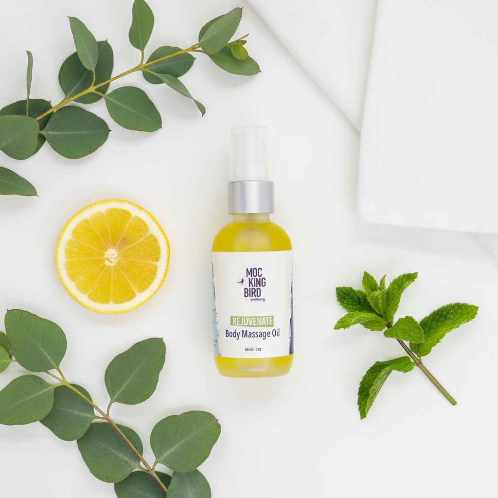 Eucalyptus & Jojoba Rejuvenate Massage Oil flat lay on white surface with eucalyptus sprigs, lemon and peppermint