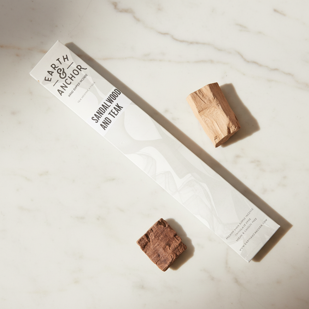 Sandalwood and Teak incense lifestyle flat lay with raw sandalwood and teak wood chips on white marble