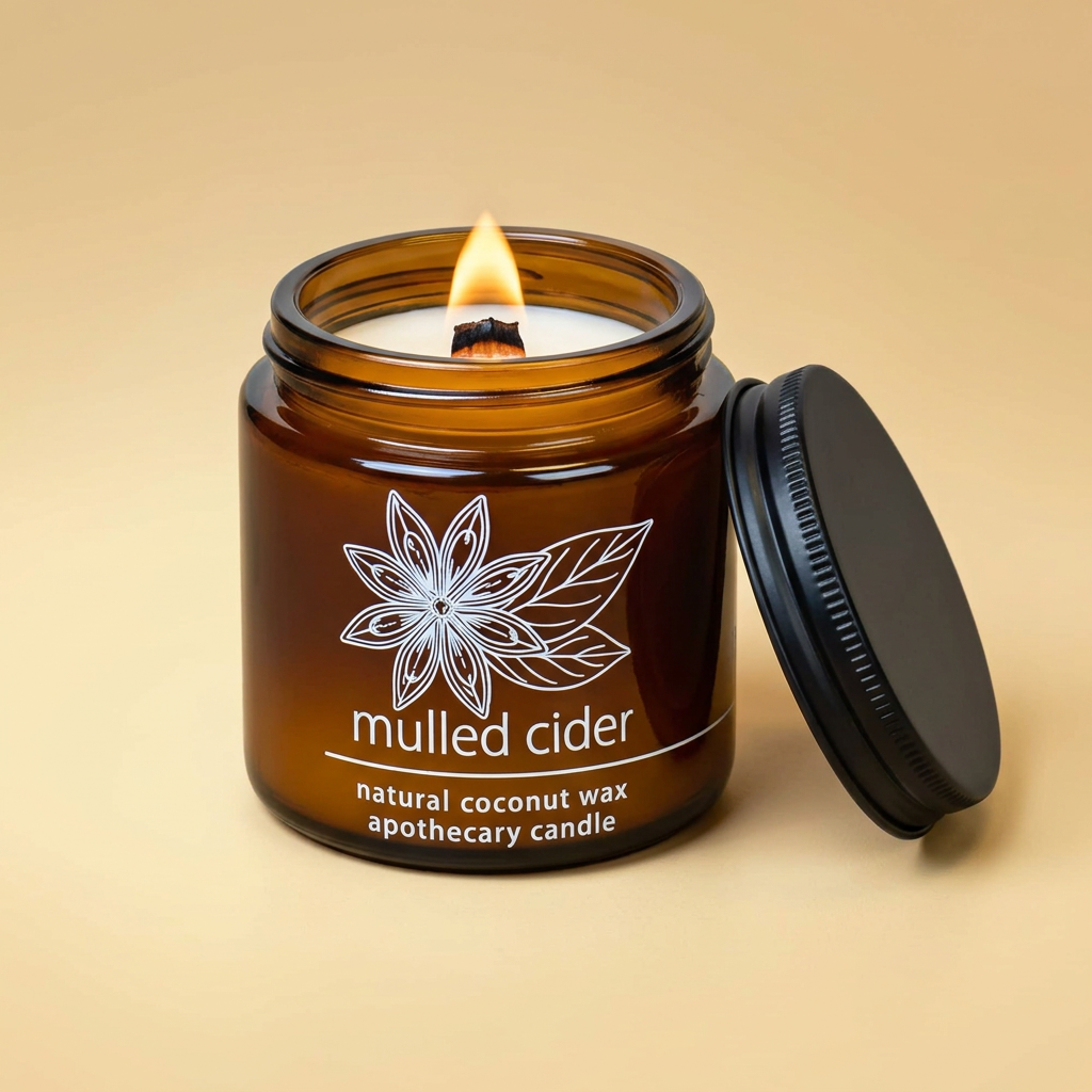 Hemlock Park Mulled Cider 4 oz amber candle with a lit wood wick and ridged black lid on a soft golden background