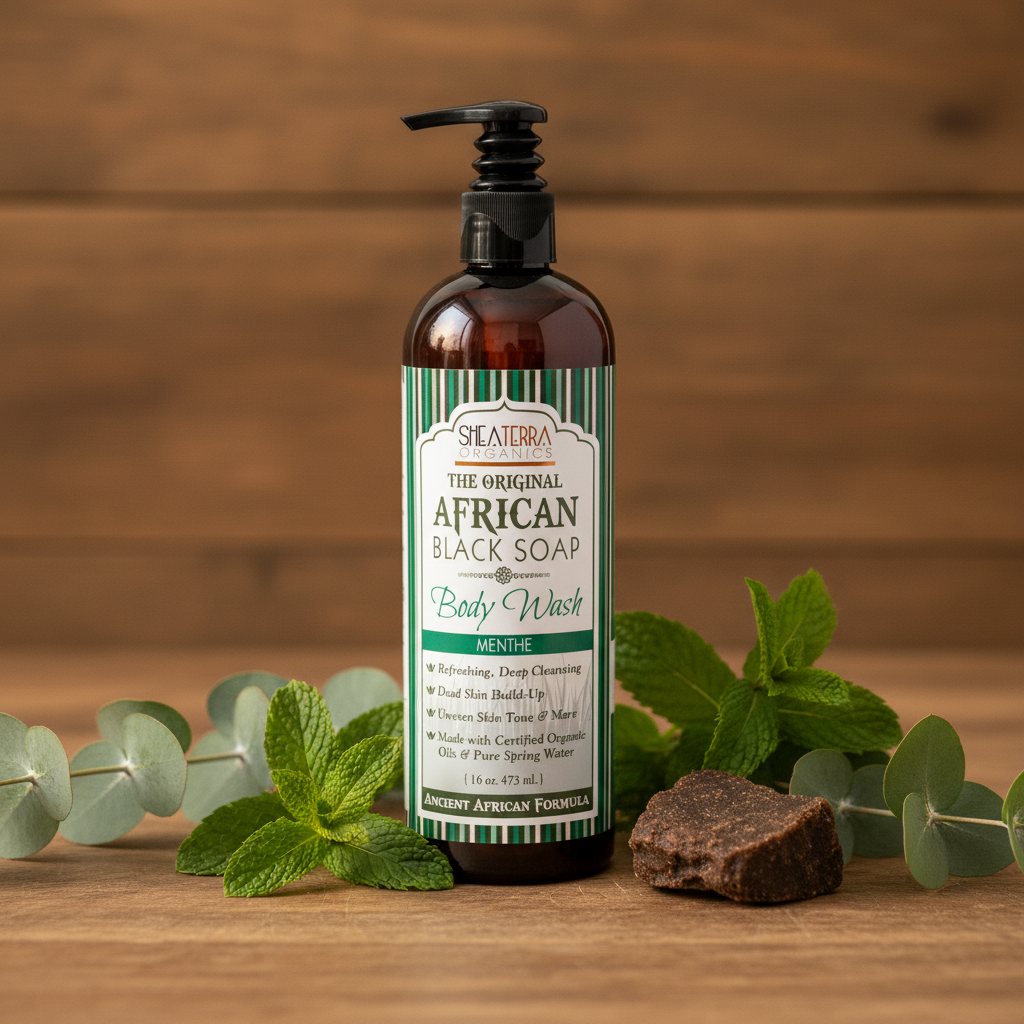 African Black Soap Peppermint Body Wash lifestyle with peppermint sprigs and raw black soap on warm wood surface