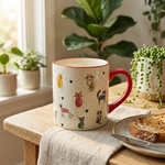 Cat and hearts coffee mug styled on a sunny breakfast table
