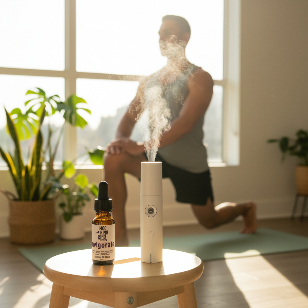 Invigorate Essential Oil Blend – lifestyle with Wandor Diffuser, Latino man morning stretch at bright windows