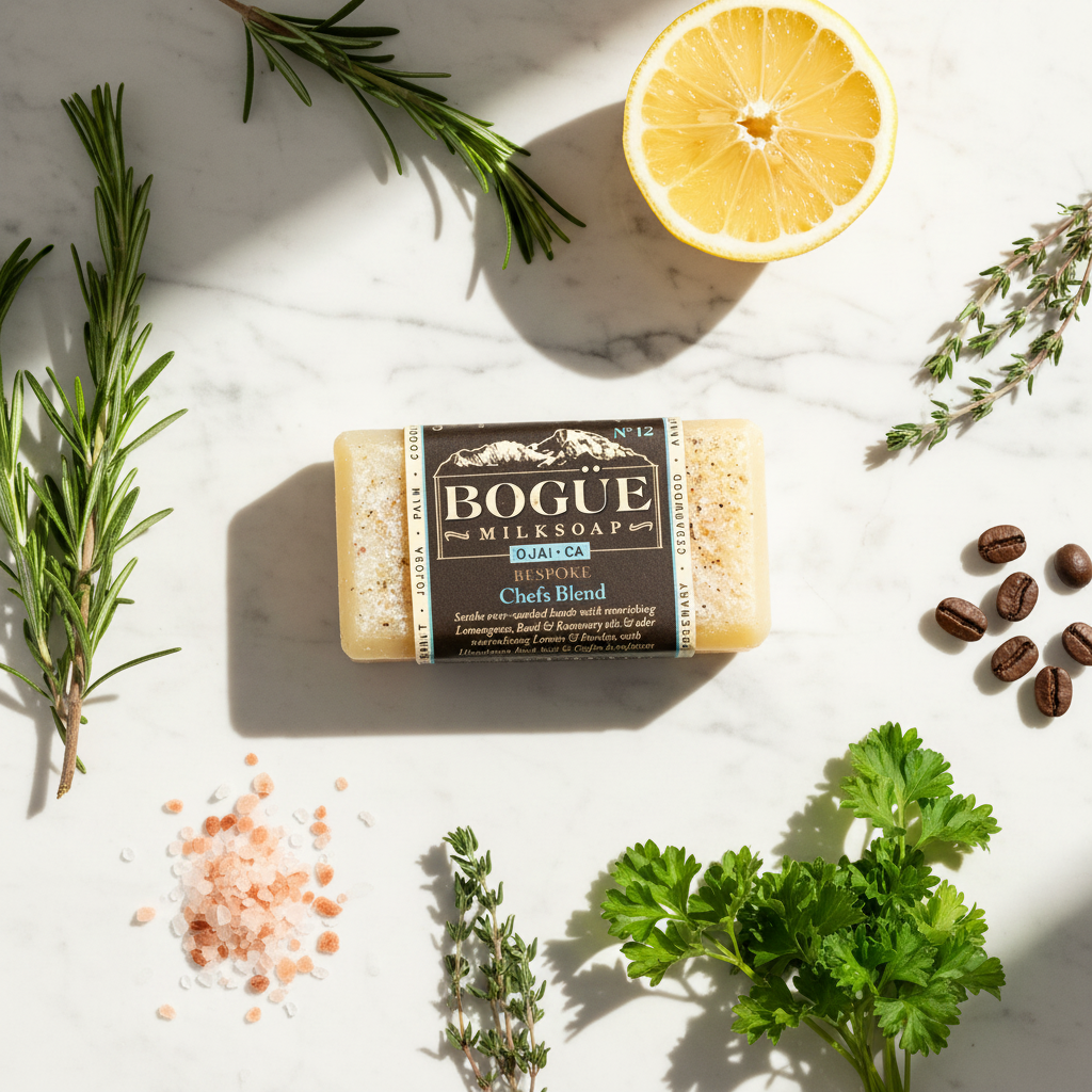 Bogüe Milk Soap No.12 Chefs Blend Goat Milk Bar Soap – lifestyle flat lay with rosemary, thyme, lemon, pink salt and coffee beans