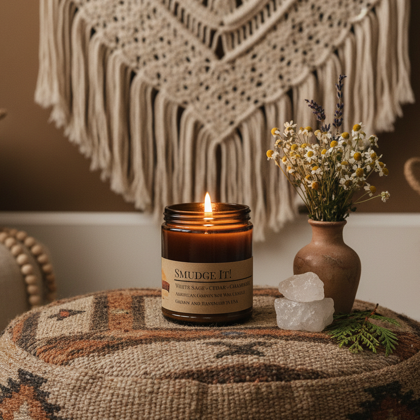 Smudge It! candle in boho meditation nook with kilim cushion, macramé wall piece, crystals and dried wildflowers