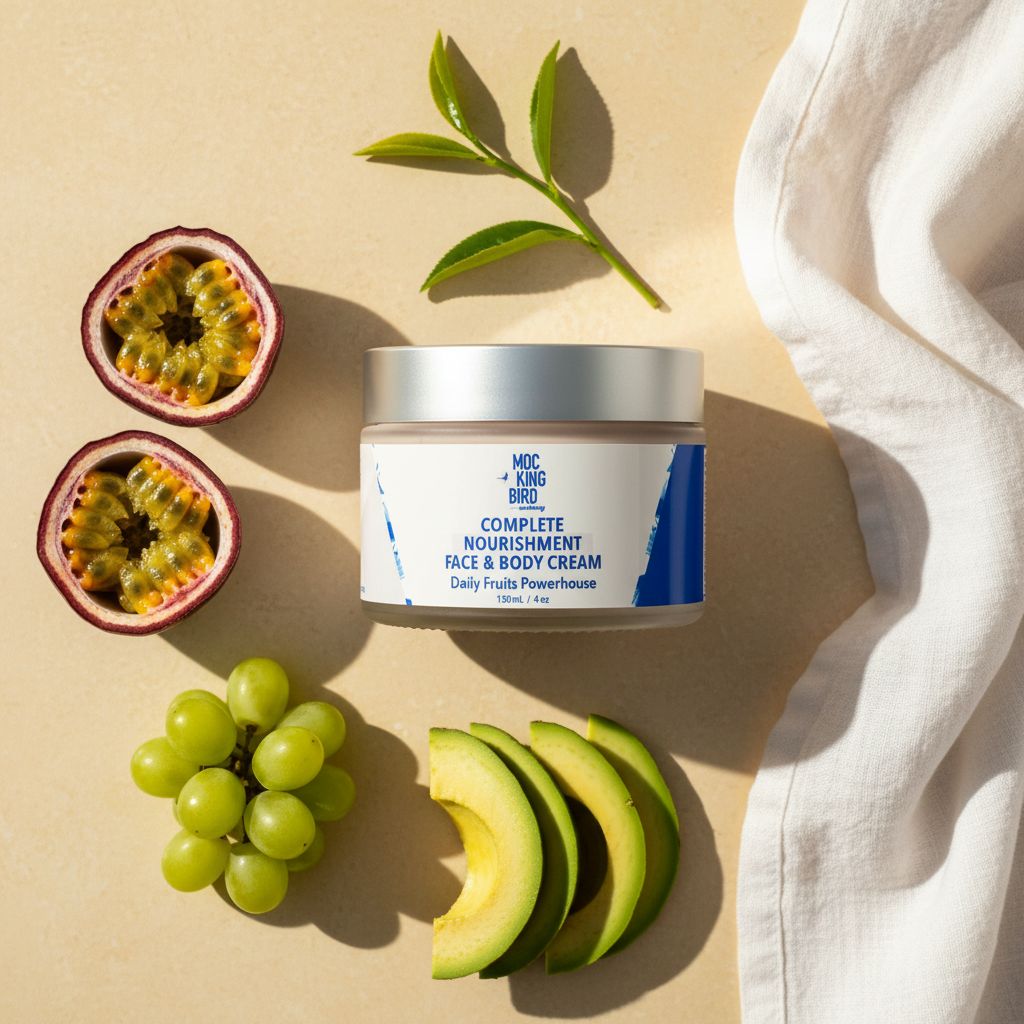 Fruit Superfood Face & Body Cream flat lay with passion fruit, grapes and avocado on cream surface