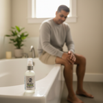 Sore Muscles Massage Oil lifestyle with man sitting on bathtub edge in shorts, hands on knees