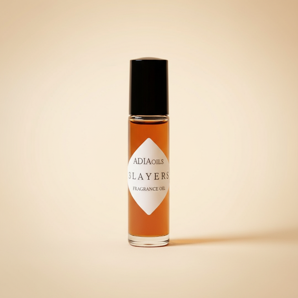 Adia Three Layers Fragrance Oil rollerball on pale warm amber background