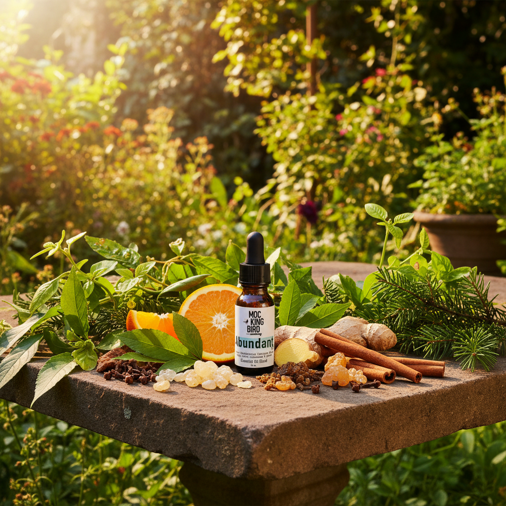Abundant Life Essential Oil Blend – eclectic outdoor on sun-warmed stone with orange, frankincense, patchouli, ginger and myrrh