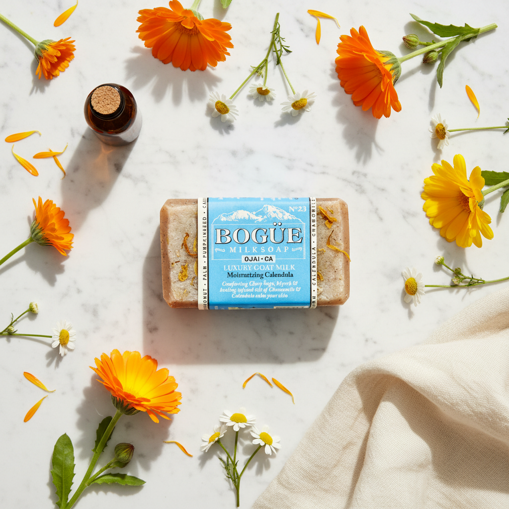 Calendula & Chamomile Goat Milk Bar Soap No.23 – lifestyle flat lay with calendula flowers, chamomile and linen