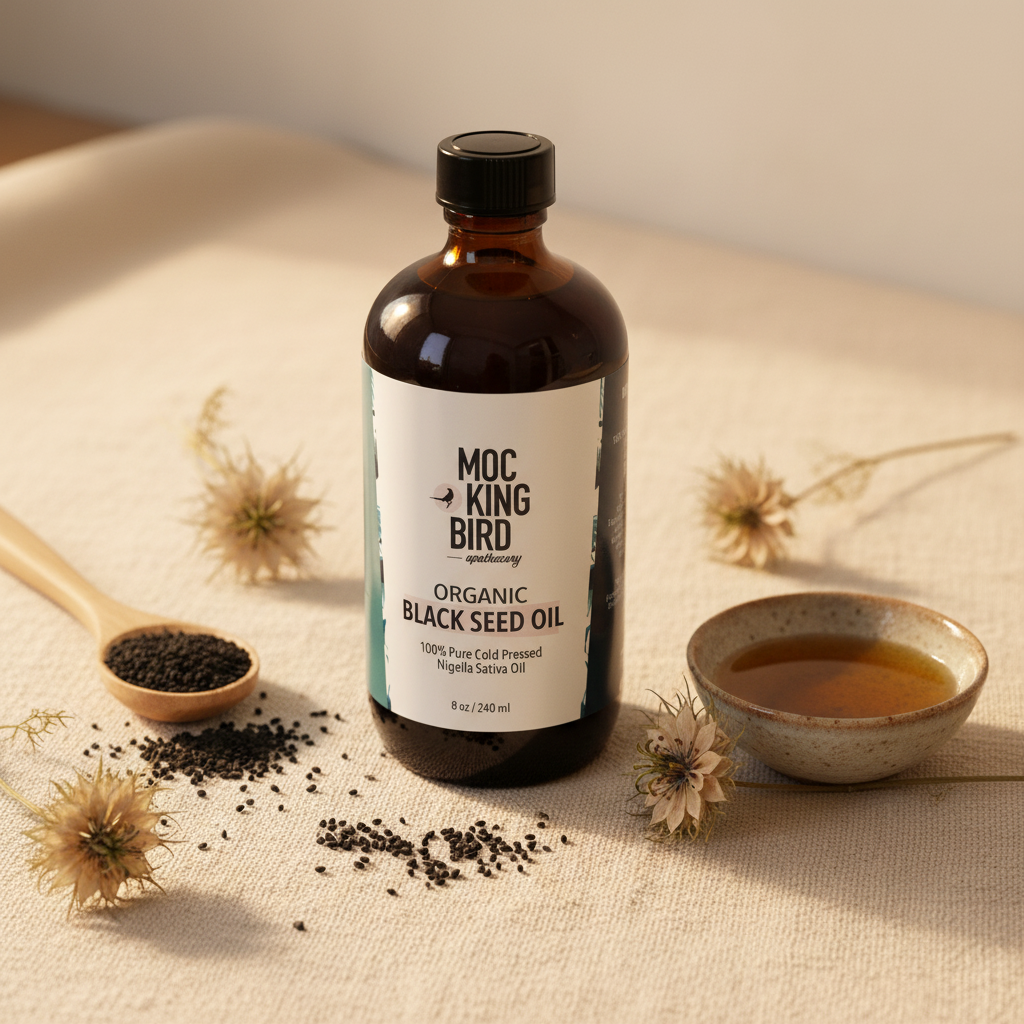 Mockingbird Apothecary Organic Black Seed Oil styled with nigella seeds, wooden spoon, and ceramic bowl on cream linen