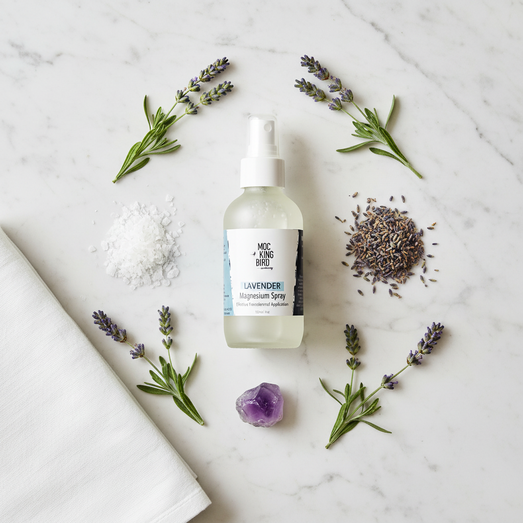 Lavender Magnesium Oil Spray – flat lay on white marble with lavender stems, magnesium flakes, amethyst and white linen cloth