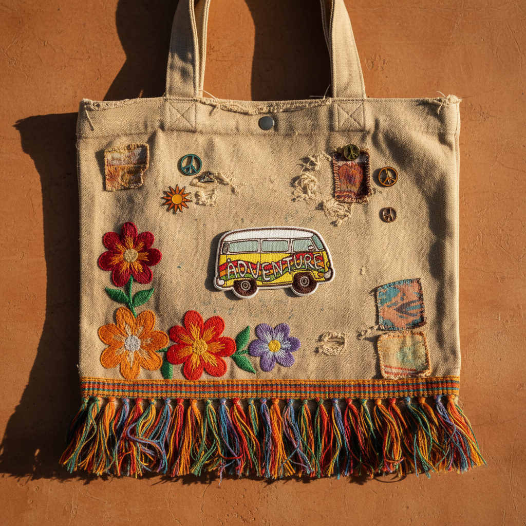 Rainbow hippie van adventure embroidered patch on tattered boho canvas tote bag with flowers, fringe, and pins