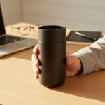 Fellow Carter Move 12 oz matte black travel mug held in hand at desk with laptop in background