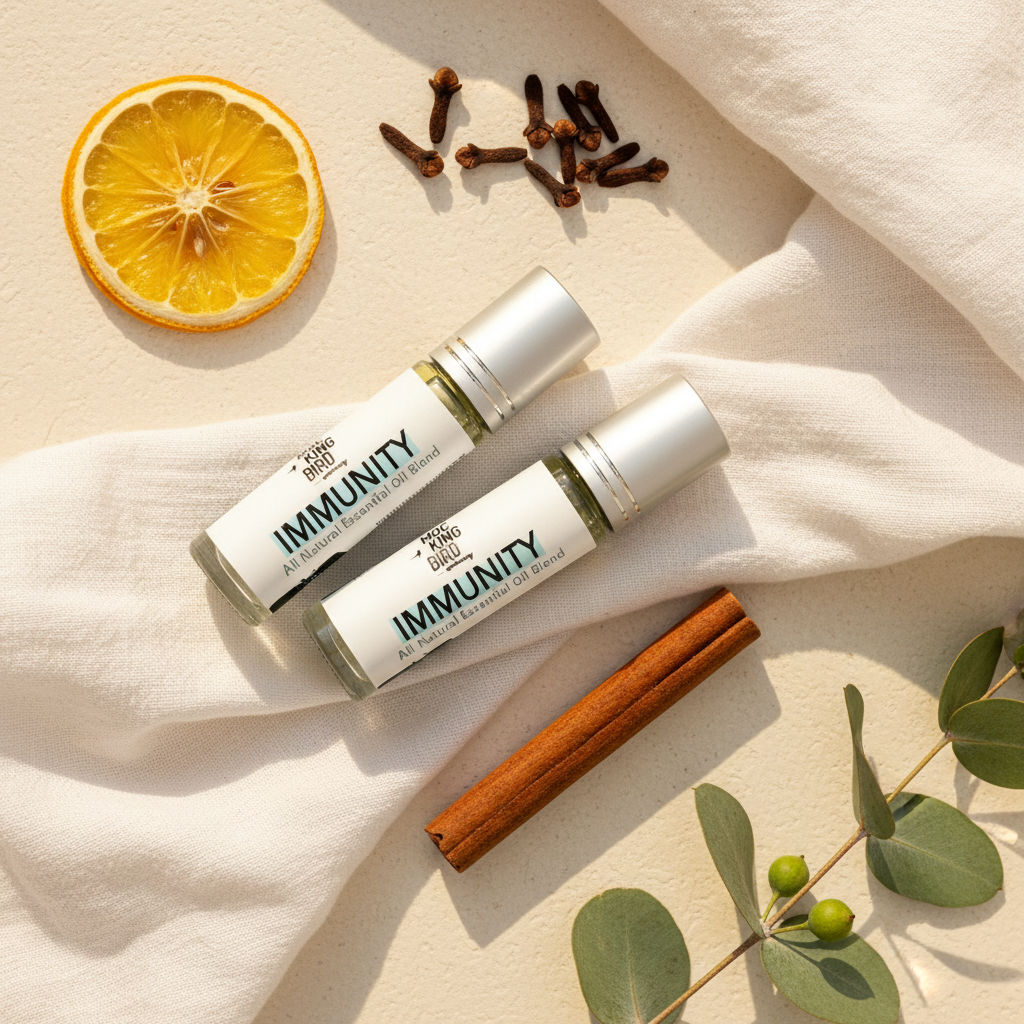 Immunity rollerball flat lay with cloves, cinnamon stick, lemon slice and eucalyptus sprig