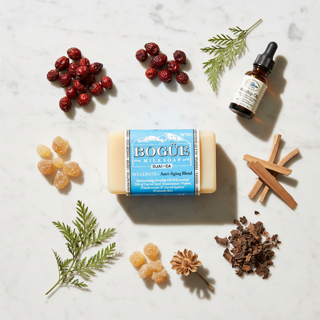 Bogüe Milk Soap No.33 Anti-Aging Wellness Blend – lifestyle flat lay with rosehip, frankincense, myrrh and carrot seed
