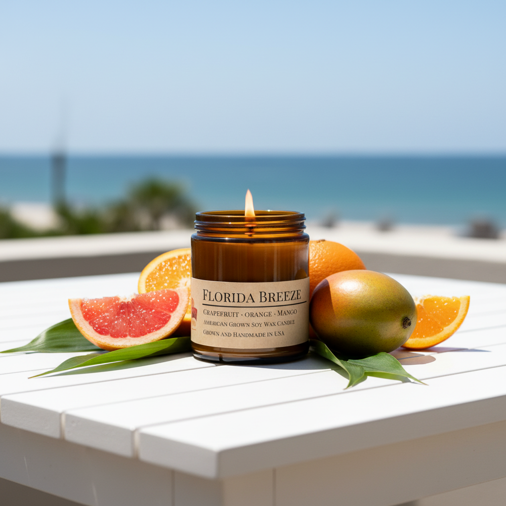 Florida Breeze candle lit on coastal patio table with grapefruit, orange slices and tropical leaves