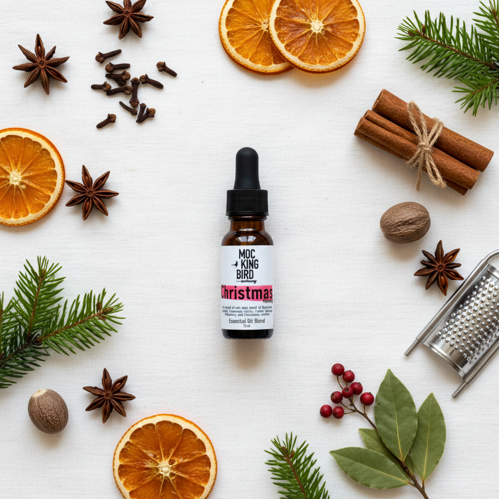 Christmas Morning Essential Oil Blend – flat lay overhead on white linen with holiday botanicals