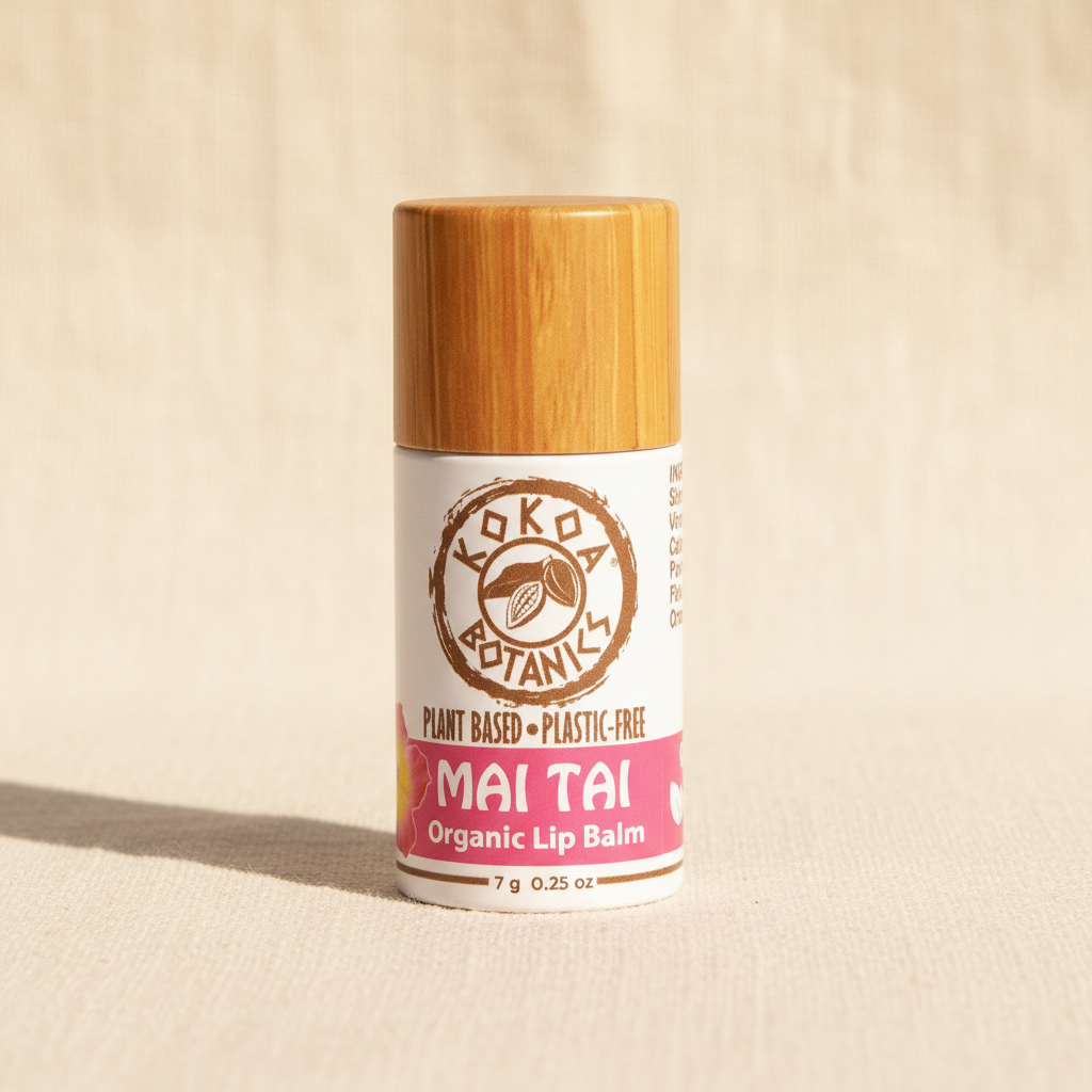 Mai Tai Organic Lip Balm by Kokoa Botanics on soft natural linen background