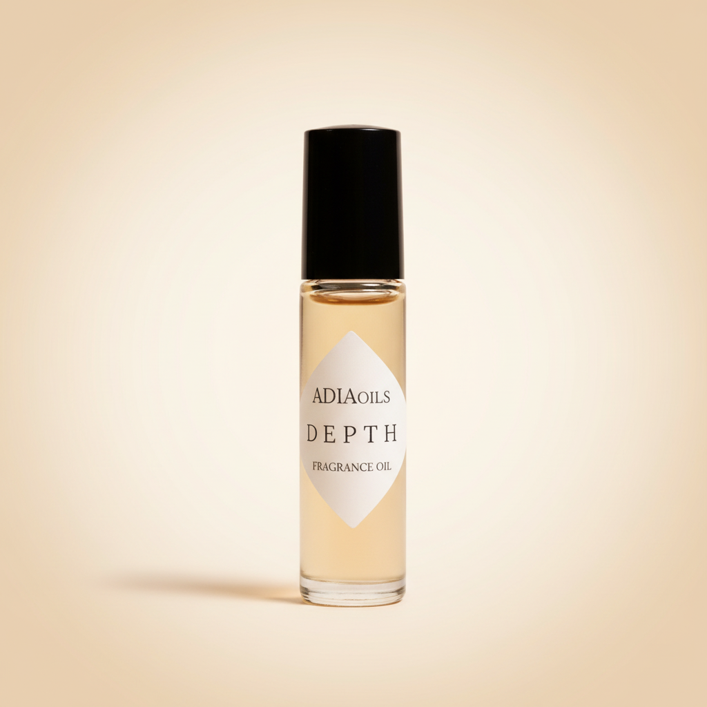 Adia Depth Fragrance Oil rollerball on pale warm amber background