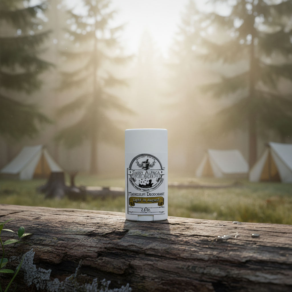 Light in August deodorant on camp table in misty morning forest campsite at dawn
