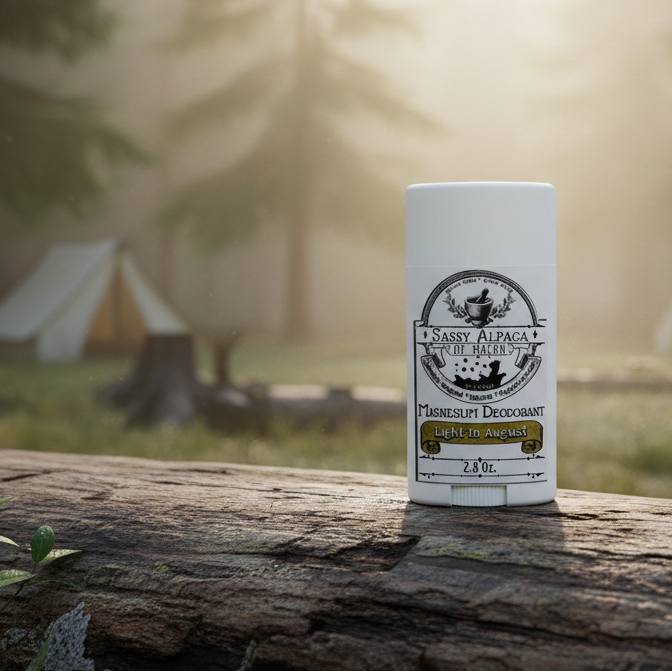 Light in August deodorant on camp table in misty morning forest campsite at dawn