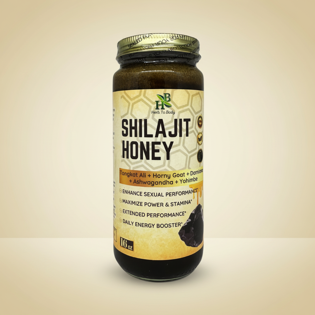 Herb To Body Shilajit Honey jar on pale warm golden background
