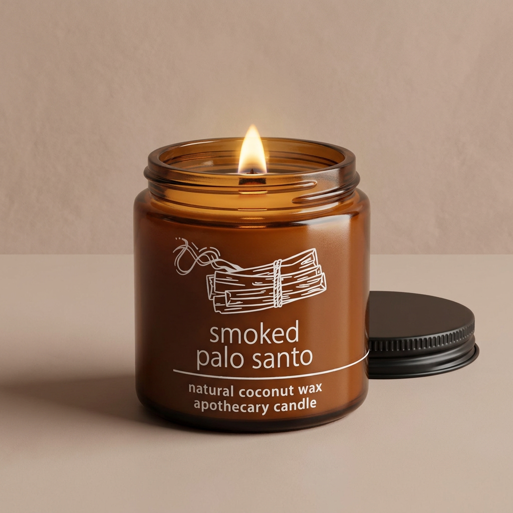 Hemlock Park Smoked Palo Santo 4 oz amber candle with a lit wood wick and ridged black lid on a soft clay-taupe background