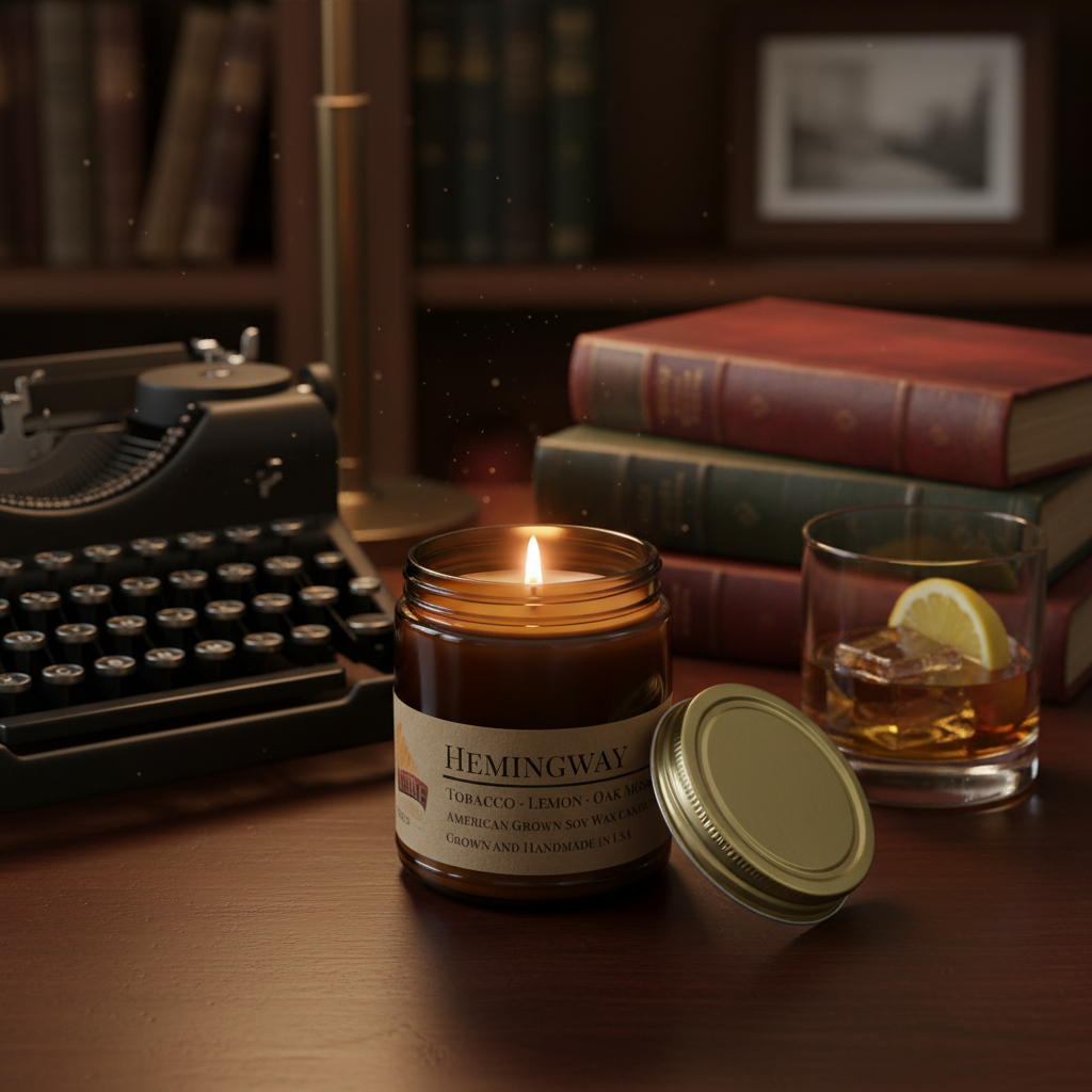 Hemingway candle lit on mahogany writing desk with vintage typewriter, whiskey glass and leather books