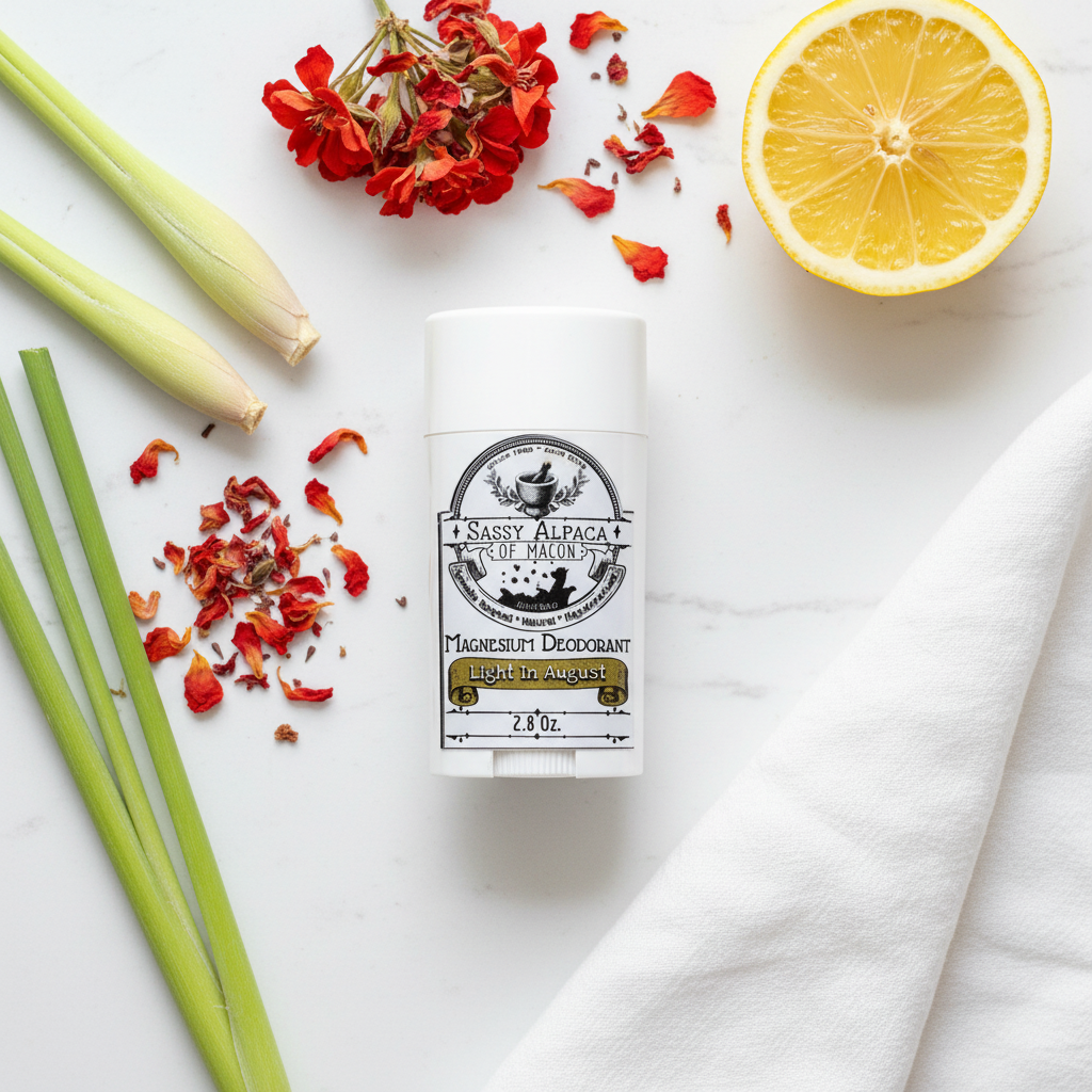 Light in August magnesium deodorant flat lay on white surface with lemongrass, geranium petals and lemon