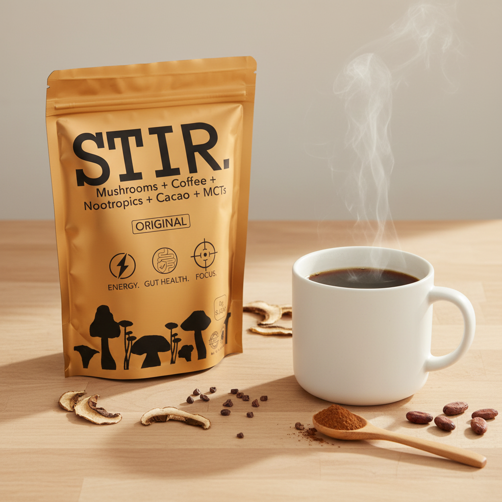 Stir Mushroom Coffee gold pouch on wood surface beside a white mug, wooden spoon with powder, dried mushrooms and cacao nibs scattered nearby