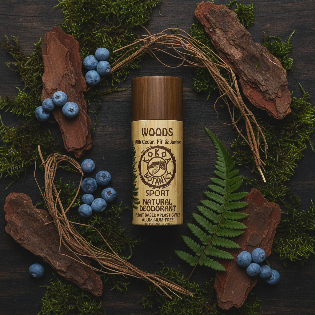 Woods magnesium deodorant flat lay on mossy wood with cedar bark, juniper berries and vetiver root