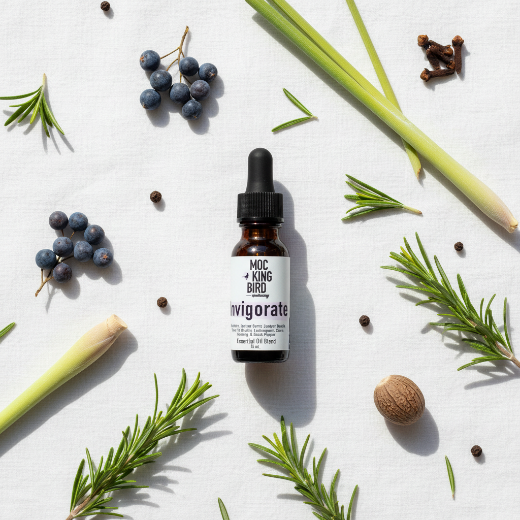 Invigorate Essential Oil Blend – flat lay on crisp white linen with full botanical ingredient spread