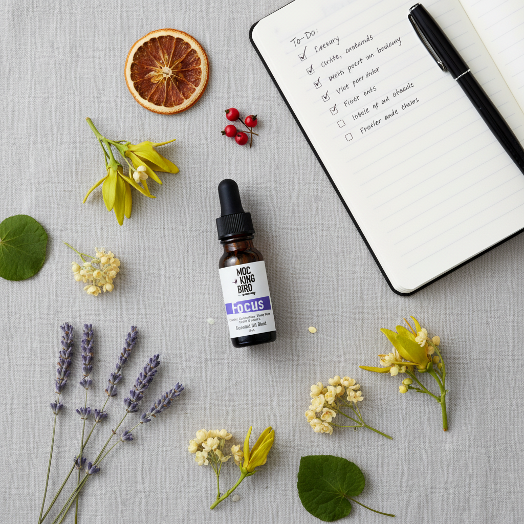 Focus Essential Oil Blend – flat lay on grey linen with botanicals and open notebook