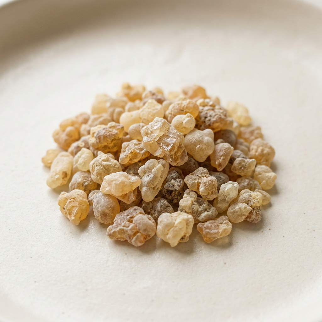 Illustration of loose golden frankincense resin tears on a warm off-white background