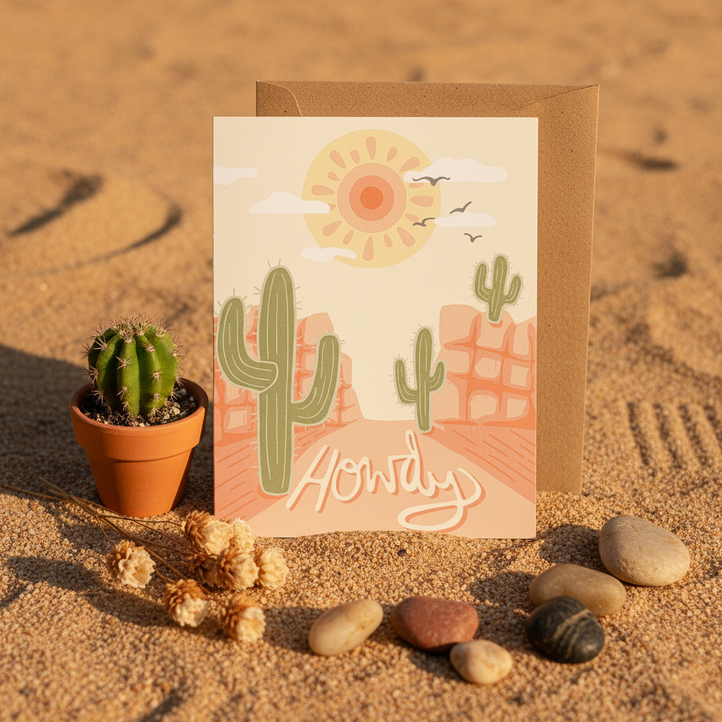 Desert Vibes howdy cactus greeting card propped with kraft envelope, mini cactus and dried desert flowers