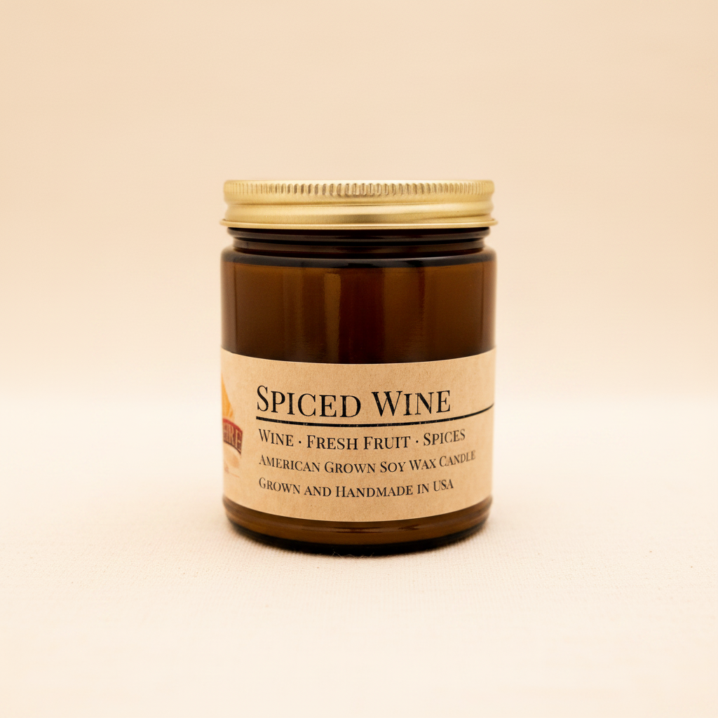 Spiced Wine soy candle in amber apothecary jar on warm cream linen background with shadow