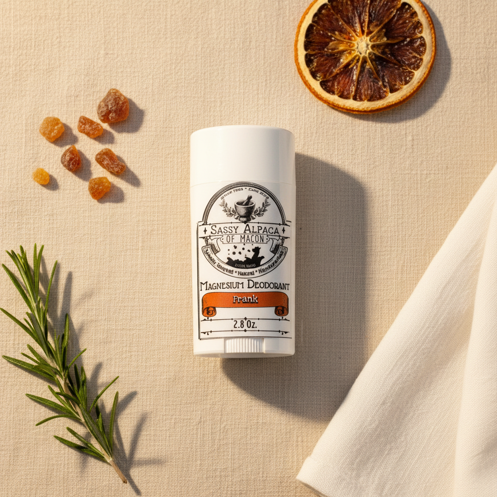 Frank magnesium deodorant flat lay on cream linen with frankincense resin, dried orange and rosemary