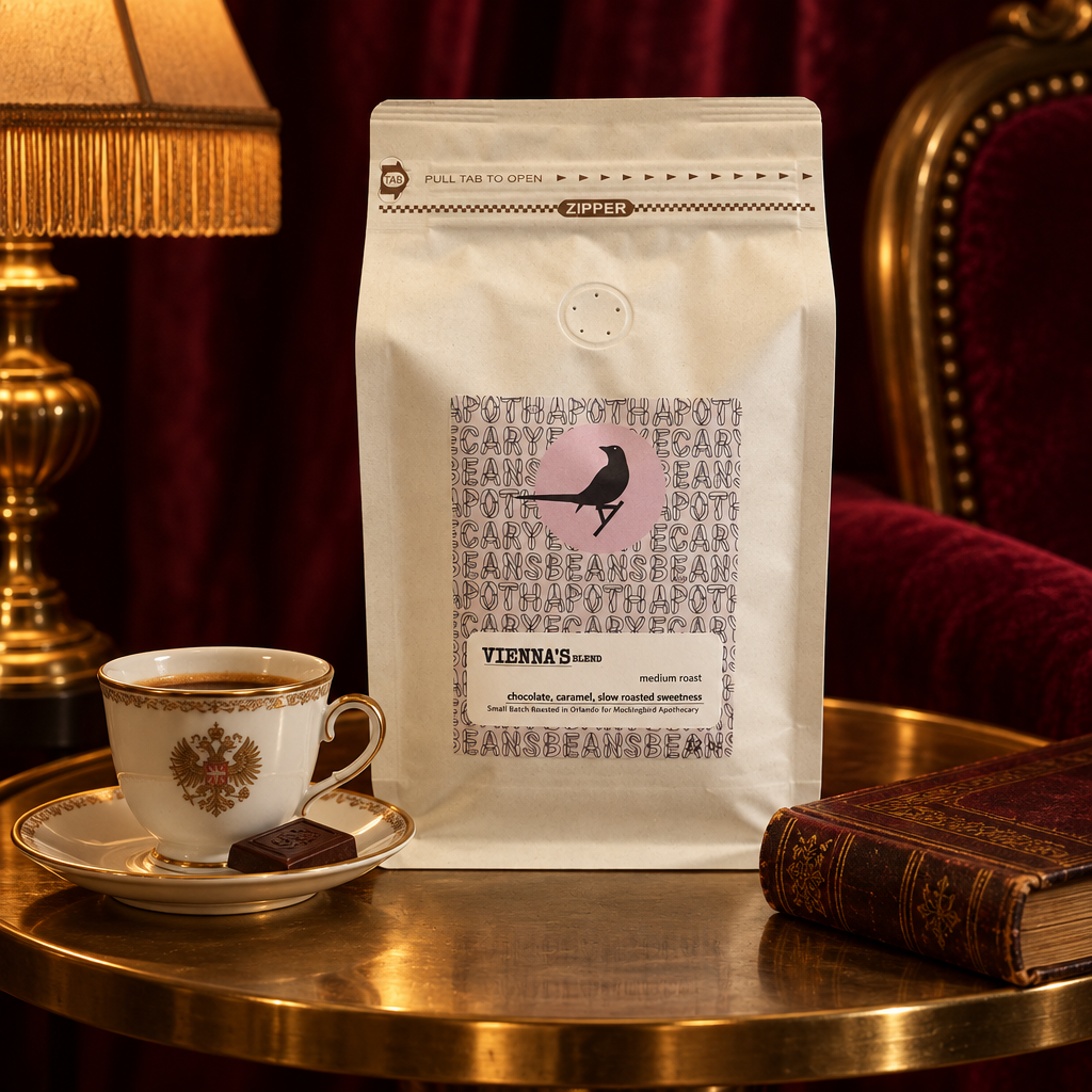 Vienna’s Blend coffee on a brass table with a porcelain coffee cup and book against burgundy velvet