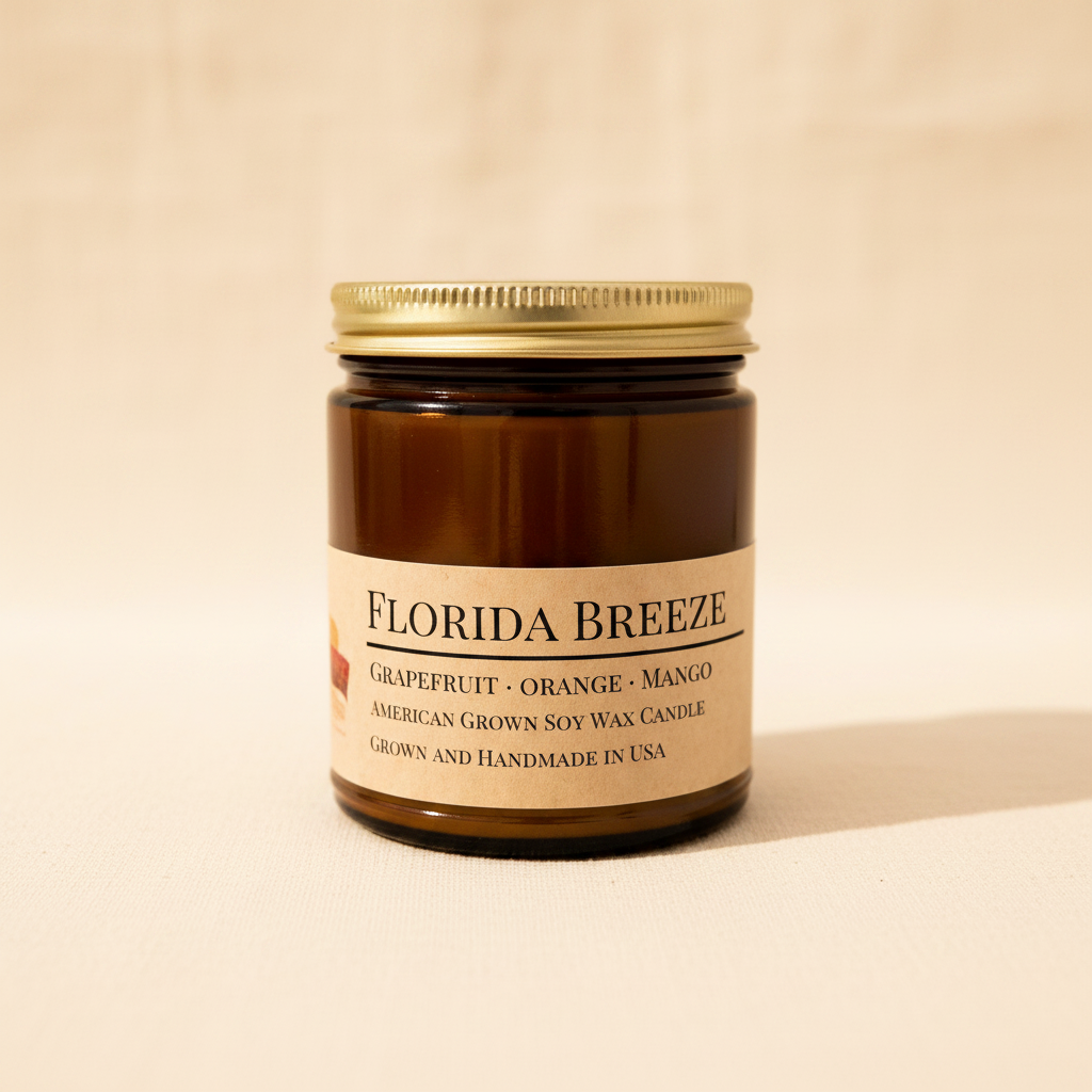 Florida Breeze soy candle in amber apothecary jar on warm cream linen background