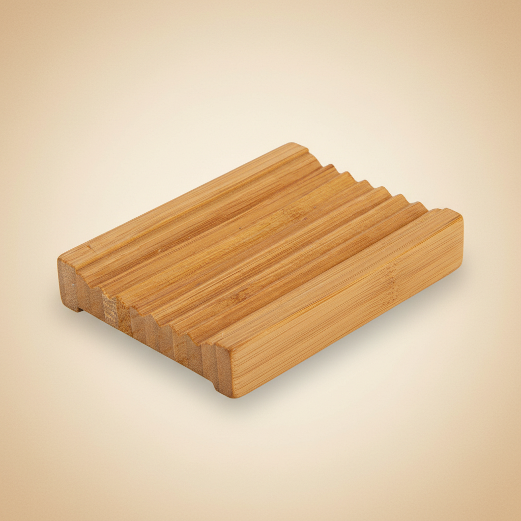 Ridged bamboo wooden soap dish on a soft cream background