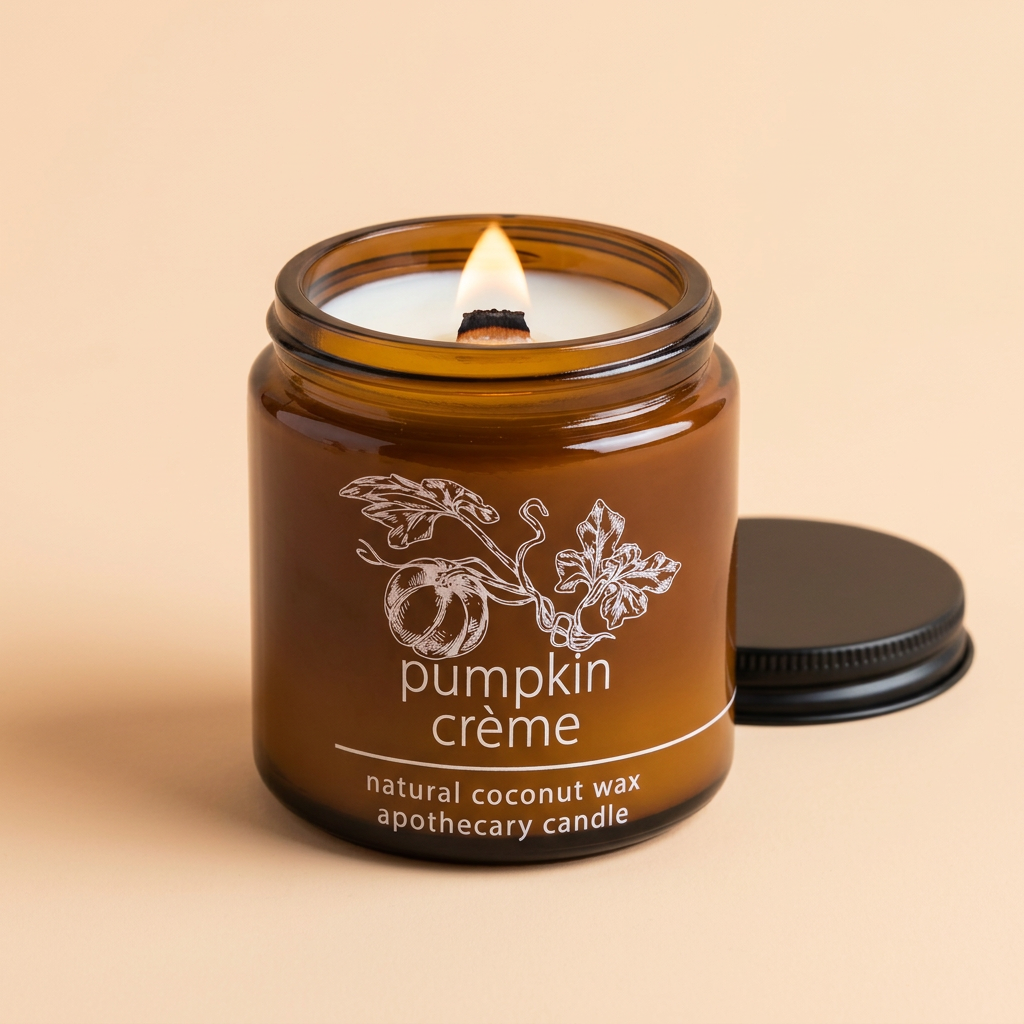 Hemlock Park Pumpkin Crème 4 oz amber candle with a lit wood wick and ridged black lid on a soft pumpkin-peach background