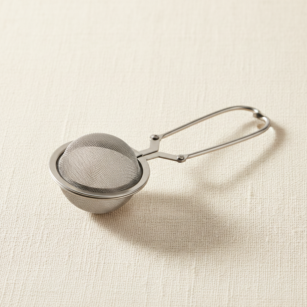 Stainless steel snap mesh tea ball infuser with scissor handle on warm linen background
