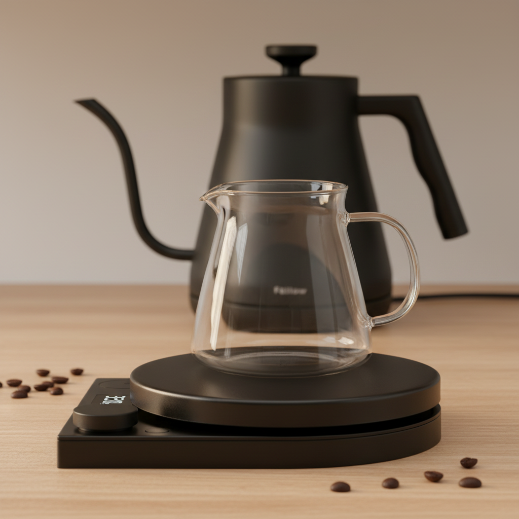 Fellow Tally Pro matte black precision coffee scale with glass carafe on platform and kettle in background on wood surface
