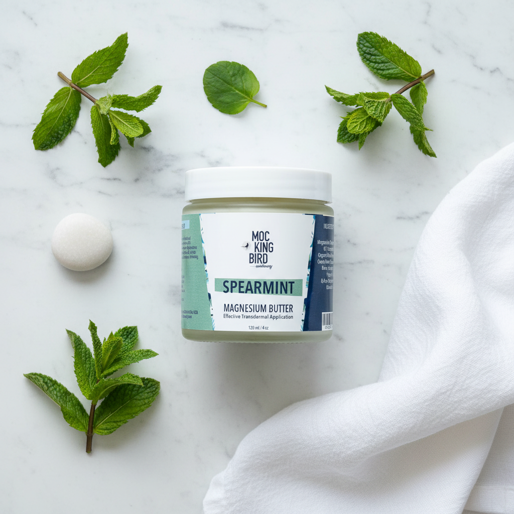 Spearmint Magnesium Butter flat lay on white marble with fresh spearmint sprigs and white stone